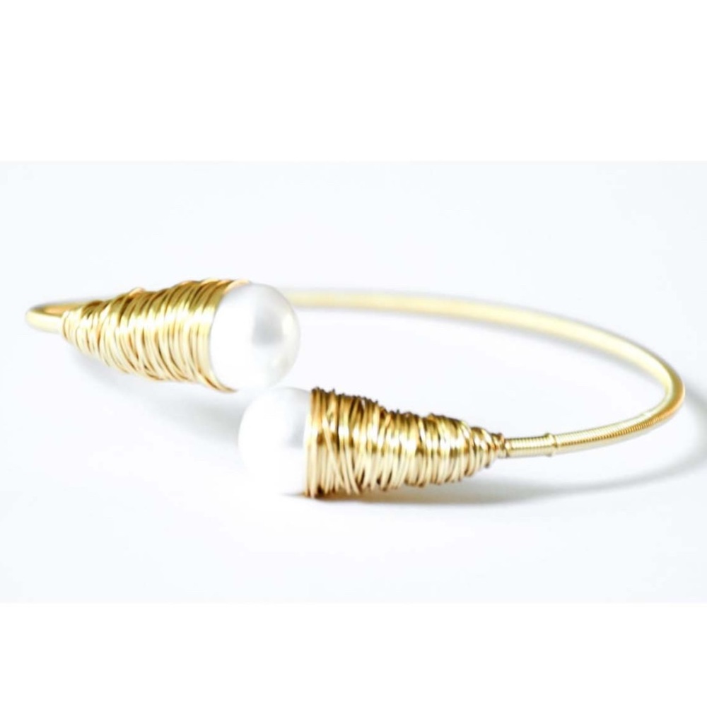 Gold Wire Pearl Bangle Bracelet